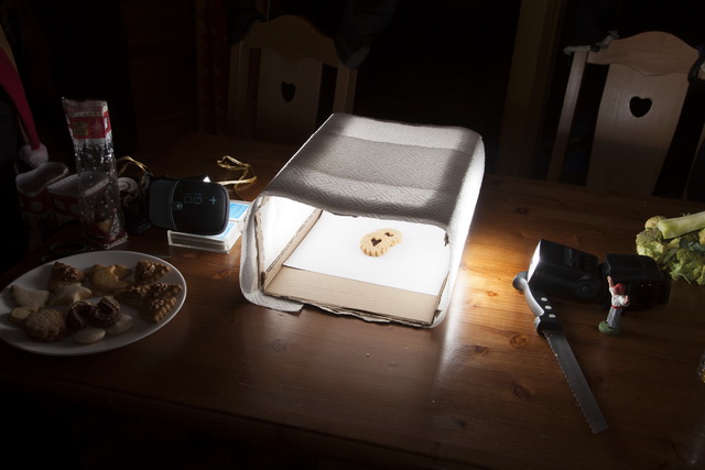 La boîte à lumière bricolée finie avec les flashs déportés.