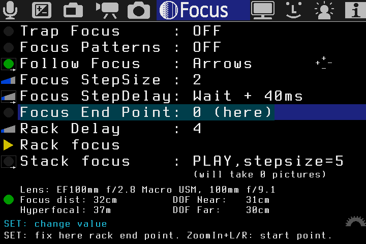 Focus Stacking avec Magic Lantern - menu Focus