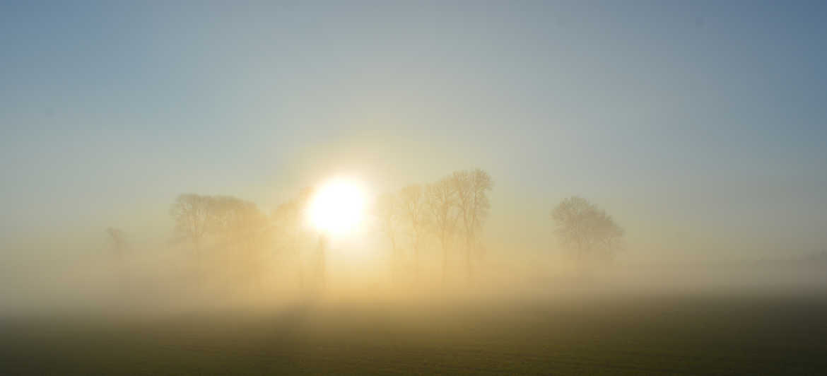 soleil couchant à travers la brume