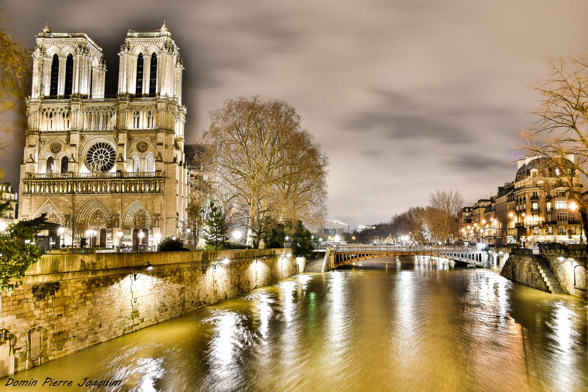 Cathédral nôtre Dame de Paris , ces lumières et la Seine en crue