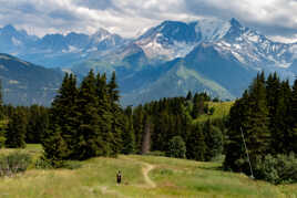 L'homme et son chien face à la montagne.